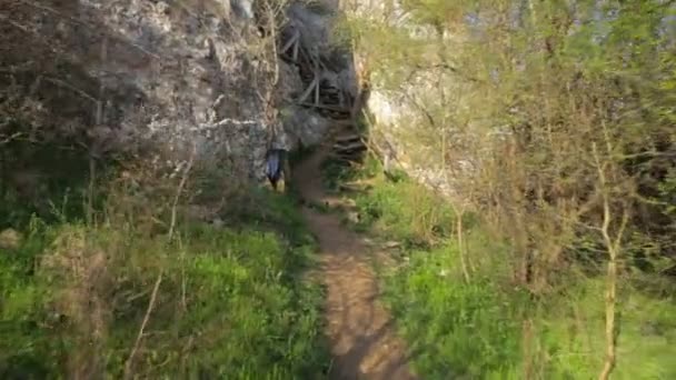 Peligrosas escaleras de madera en un camino ecológico — Vídeos de Stock