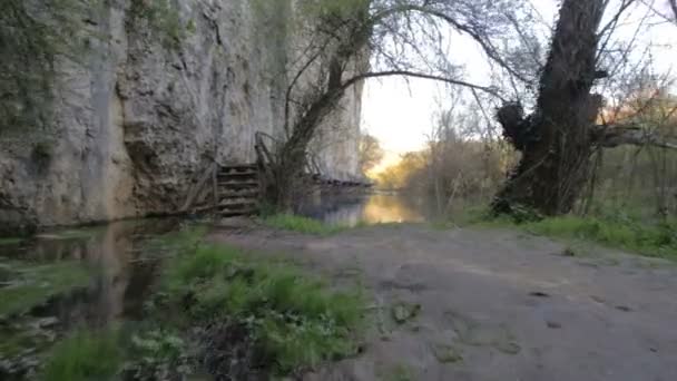 Ponte de madeira assustadora e perigosa sobre um rio . — Vídeo de Stock