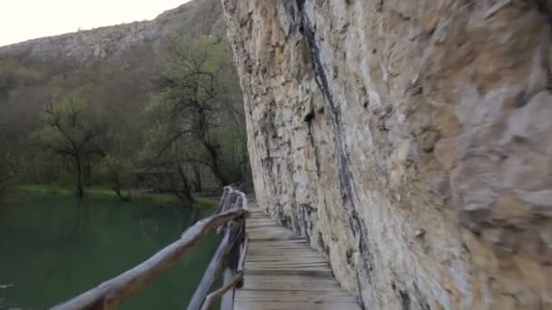 Ponte de madeira assustadora e perigosa sobre um rio . — Vídeo de Stock