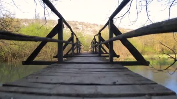 Прогулка по маленькому деревянному мосту — стоковое видео