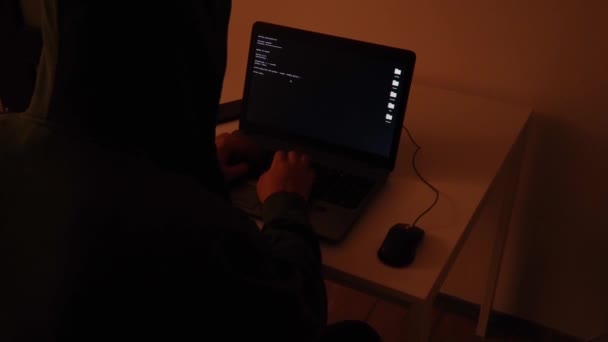 Developer Coding Dark Room Laptop Glitch Turns Code Rain — Stockvideo