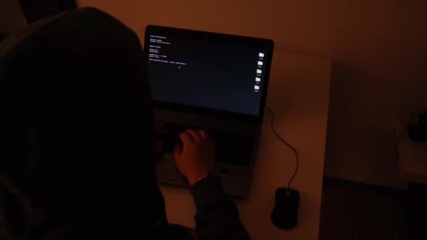 Developer Coding Dark Room Laptop Glitch Turns Code Rain — Stock Video