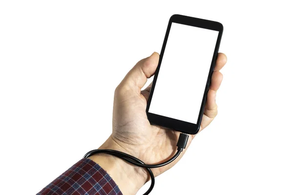 Telefon töltő kábel kusza körül a kéz izoalted — Stock Fotó