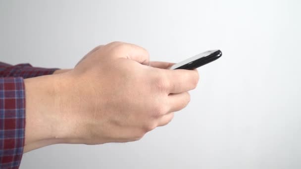 Side View Male Hands Using Smartphone Isolated White Background — Stock Video