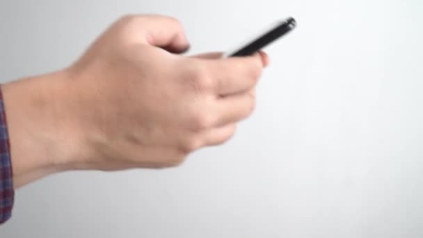 Side View Male Hands Using Smartphone Isolated White Background — Stock Video