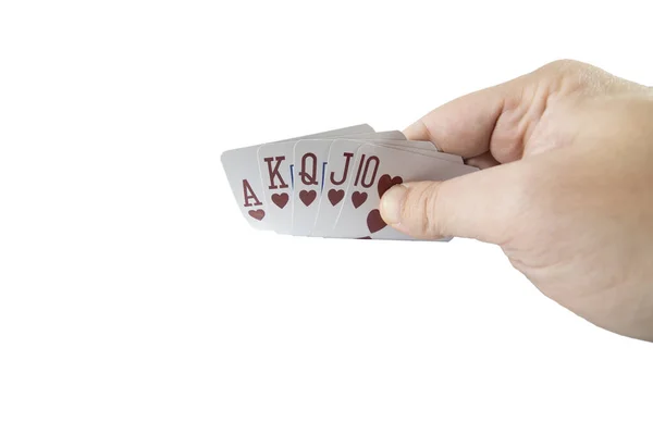 Low Angle View Van Een Hand Met Poker Kaarten Geïsoleerd — Stockfoto