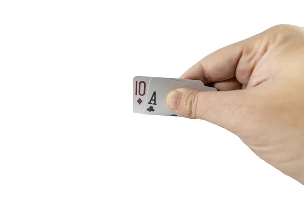 Lage Hoek Weergave Van Een Hand Met Blackjack Kaarten Geïsoleerd — Stockfoto