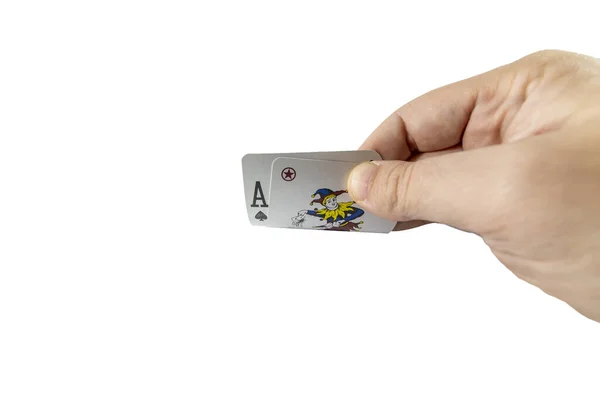 低角度的手图片 显示在白色背景下隔离的二十一点牌 赌博概念 — 图库照片