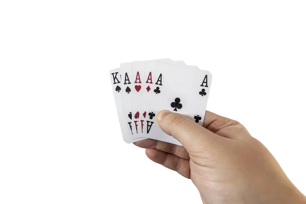 POV view of a man holding playing cards in his hands isolated on white background. Gambling concept.
