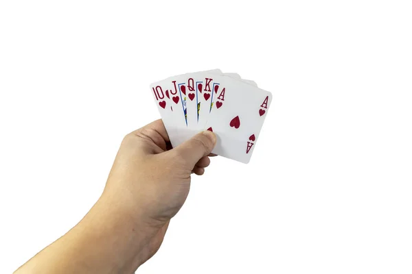 Вид Человека Держащего Руках Игральные Карты Белом Фоне Концепция Игры — стоковое фото