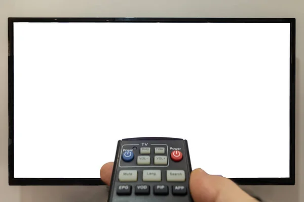 Person Pointing Remote Pressing Buttons Front Blank Screen — Stock Photo, Image