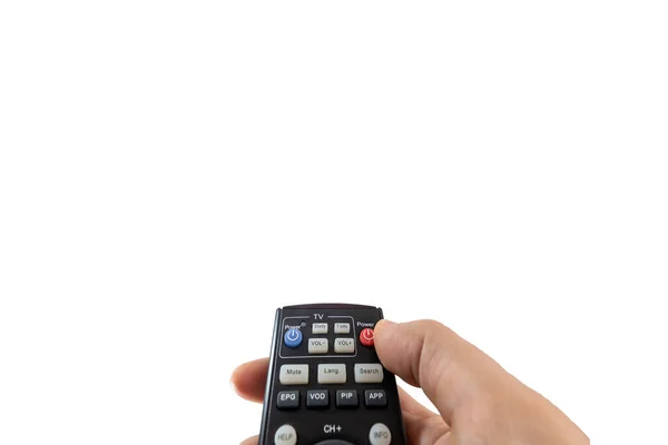 Person Poining Remote Pressing Power Button Isolated White Background — Stock Photo, Image