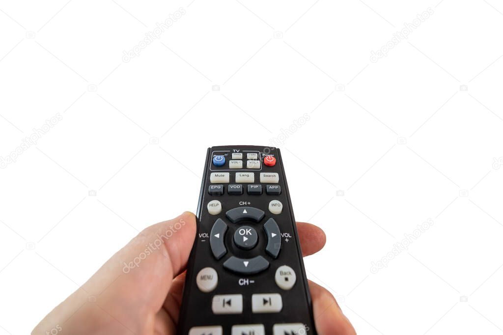 Person poining a TV remote and pressing the power button isolated on white background