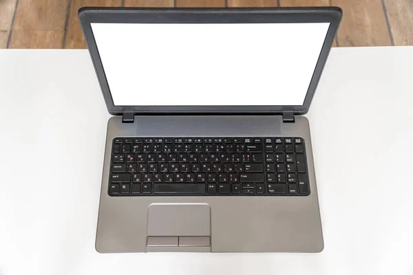 Home Office Concept Top View Person Typing Laptop Blank Screen — Stock Photo, Image