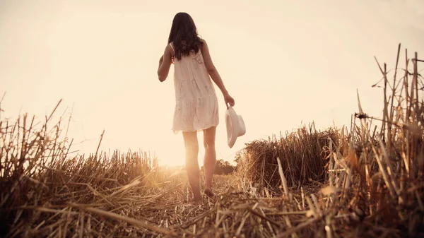 Ragazza felice sulla strada in un campo di grano al tramonto, Ragazza a piedi nudi in un vestito bianco che cammina sul campo di grano Foto Stock Royalty Free