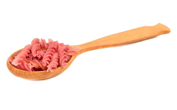 Rode Fusilli Pasta Lepel Witte Achtergrond — Stockfoto