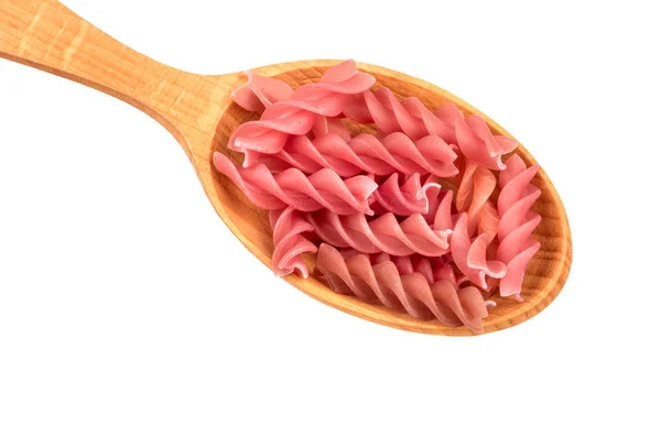 Red Fusilli Pasta Spoon White Background Closeup — Stock Photo, Image