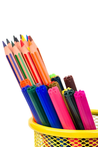 Pencil and markers in basket — Stock Photo, Image