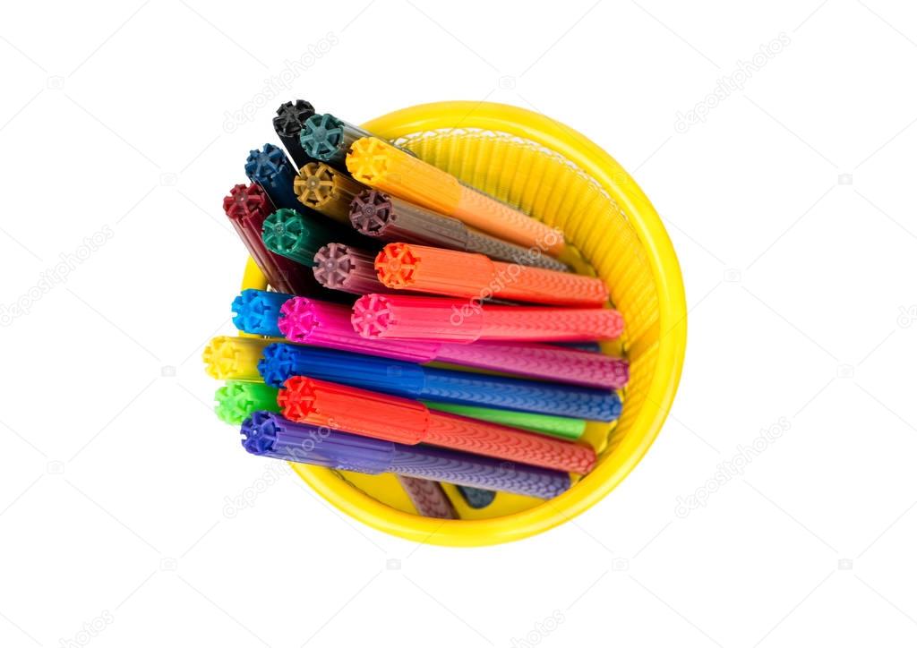 Multicolored markers in basket