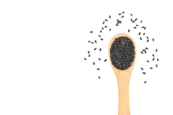 Wooden Spoon Scattered Black Sesame Seeds White Background — Stock Photo, Image