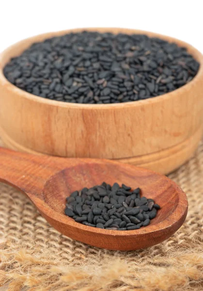 Black Sesame Seeds Spoon Bowl Close Burlap — Stock Photo, Image