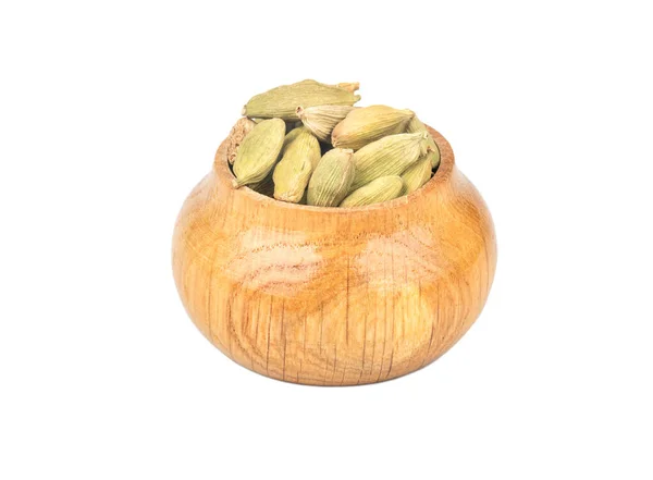 Dry Green Cardamom Wooden Container White Background — Stock Photo, Image