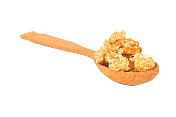 Caramel Popcorn Wooden Spoon Close White Background — Stock Photo, Image