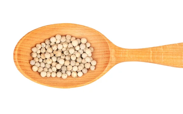 White Pepper Peas Wooden Spoon White Background Top View — Stock Photo, Image