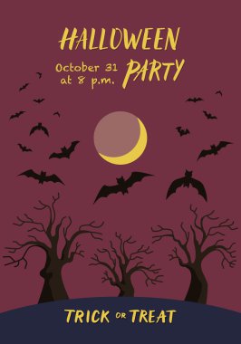 Ağaçlar ve Cadılar Bayramı için uçan yarasalar siluetleri illüstrasyon