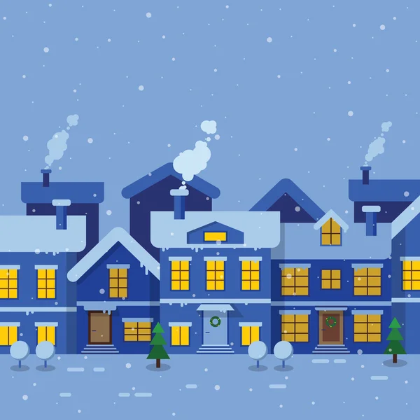 Strada invernale con edifici decorati per Natale: tetti con — Vettoriale Stock