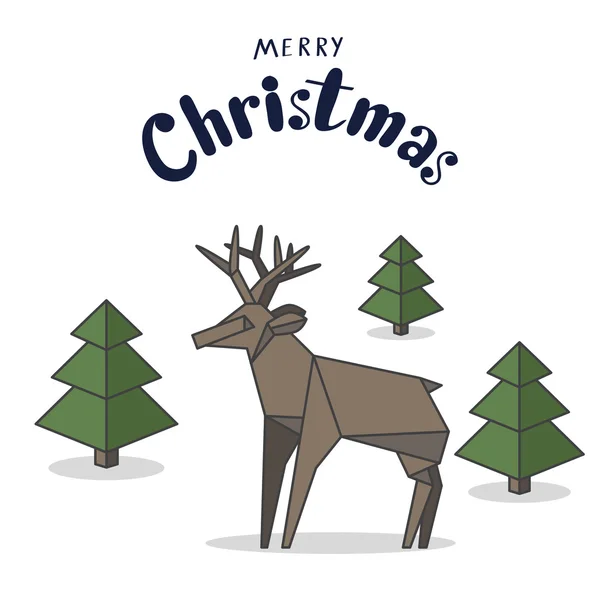 Merry Christmas greeting card design with origami style deer and — Stock Vector