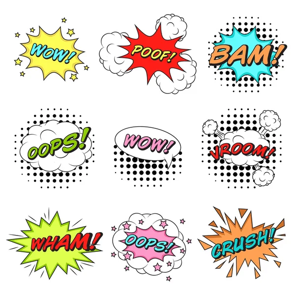 Classic comics book speech stickers set with cloud bubbles, expl — Stock vektor