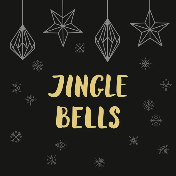 Altın harflerle Jingle bells Noel süsleri ve siyah kar taneleri ile — Stok Vektör