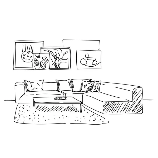 Σκίτσο διάνυσμα εσωτερικό σύγχρονη καθιστικό δωμάτιο με καναπέ και πολλή — Διανυσματικό Αρχείο