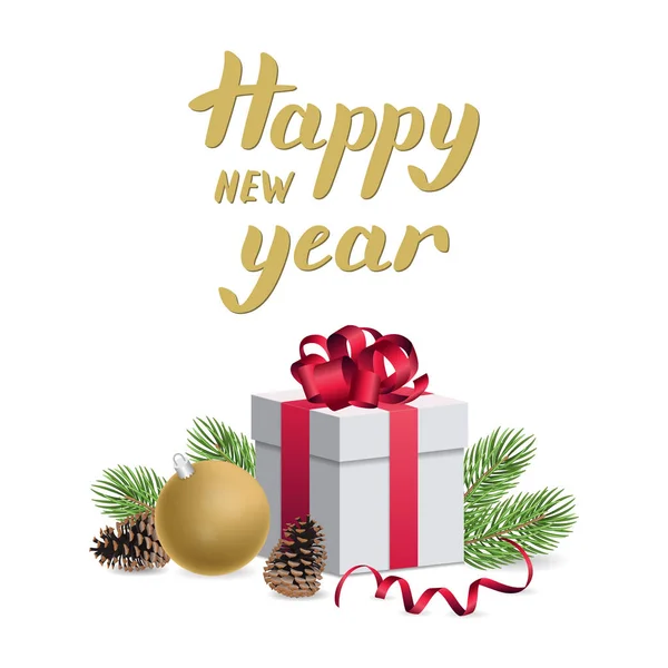 Feliz Año Nuevo ilustración con letras, caja de regalo, rama de abeto — Vector de stock