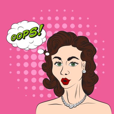 Pop art stil kroki Oops söyleyerek güzel esmer kadının! 