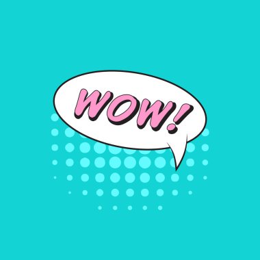 Çizgi roman tarzı vektör etiket Wow! Yarım tonlu desen ile backg