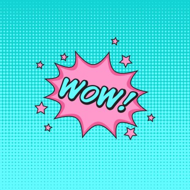 Çizgi roman tarzı vektör etiket Wow! Mavi yarım tonlu desen ile