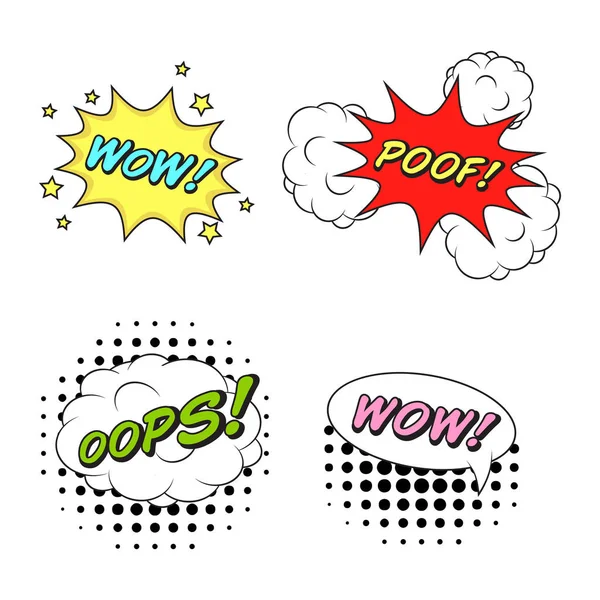 Cómic estilo vector pegatinas conjunto de 4: WOW! ¡Puf! ¡OOPS! ¡Vaya! ! — Vector de stock