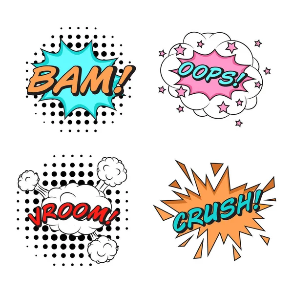 Strips de reeks van de stickers van de vector van de stijlen van 4: Bam! Oeps! Vroom! Crush! — Stockvector