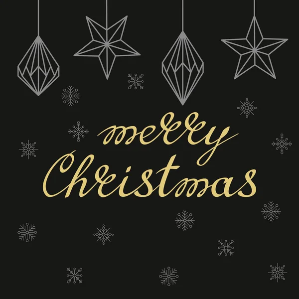 Buon Natale scritto a mano lettering dorato con decorazioni d'arte triangolo su sfondo nero — Vettoriale Stock
