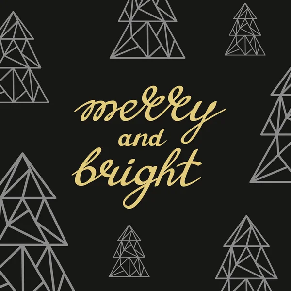 Merry ve parlak altın harflerle siyah arka plan üzerinde üçgen sanat köknar ağaçları ile el yazısı — Stok Vektör
