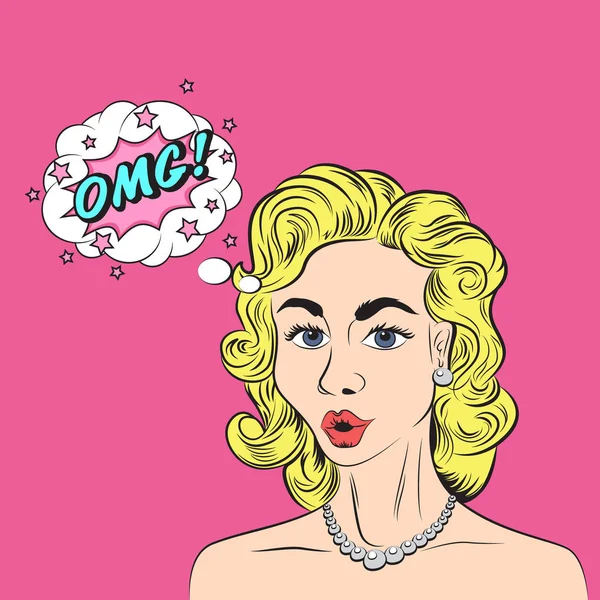 Pop-art stijl schets van de mooie blonde vrouw zeggen Omg! — Stockvector