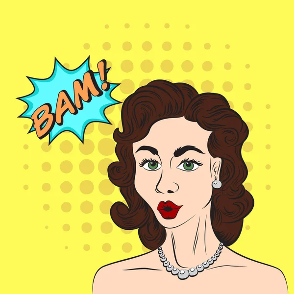 Pop art style sketch of beautiful brunette woman saying BAM! — Stock Vector