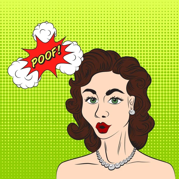 Pop-Art-Stil Skizze der schönen brünetten Frau sagt poof! mit Hal-Ton-Muster Hintergrund — Stockvektor