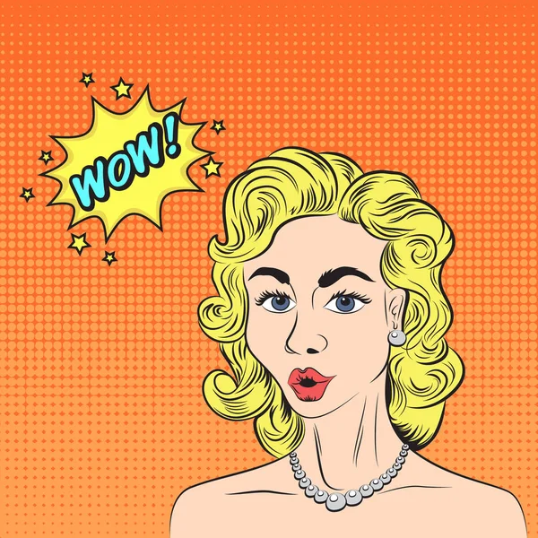 Esbozo de estilo pop art de la hermosa mujer rubia diciendo WOW! con fondo de patrón de medio tono — Archivo Imágenes Vectoriales