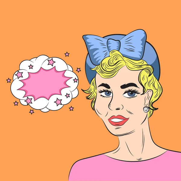 Esquisse de style pop art de belle femme blonde avec discours de bulle sur fond orange — Image vectorielle