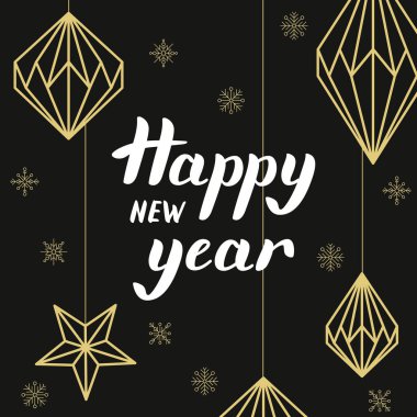 Altın christmas dekorasyon ve handdrawn yazı mutlu yeni Y