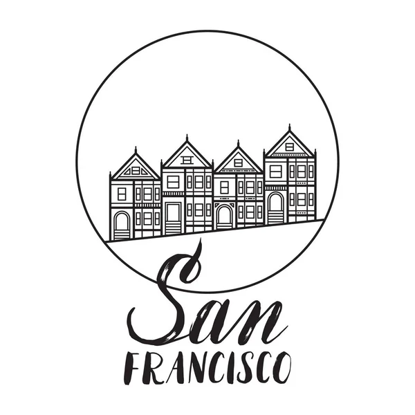 San Francisco Illustration mit modernem Schriftzug und gemaltem Jungen — Stockvektor
