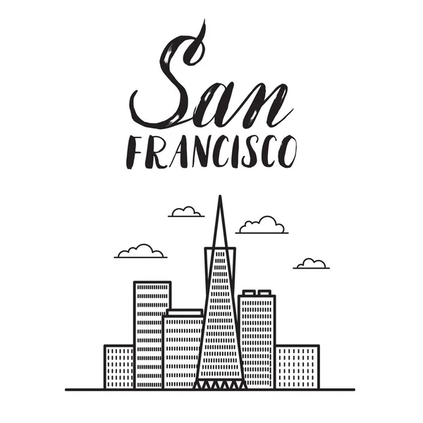 Illustrazione di San Francisco con scritte moderne e skyscr della città — Vettoriale Stock